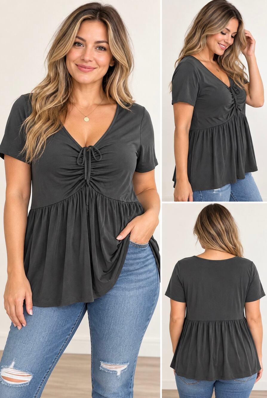 NY Collection Women’s Black Ruched Drawstring Babydoll Top Short Sleeve NWT